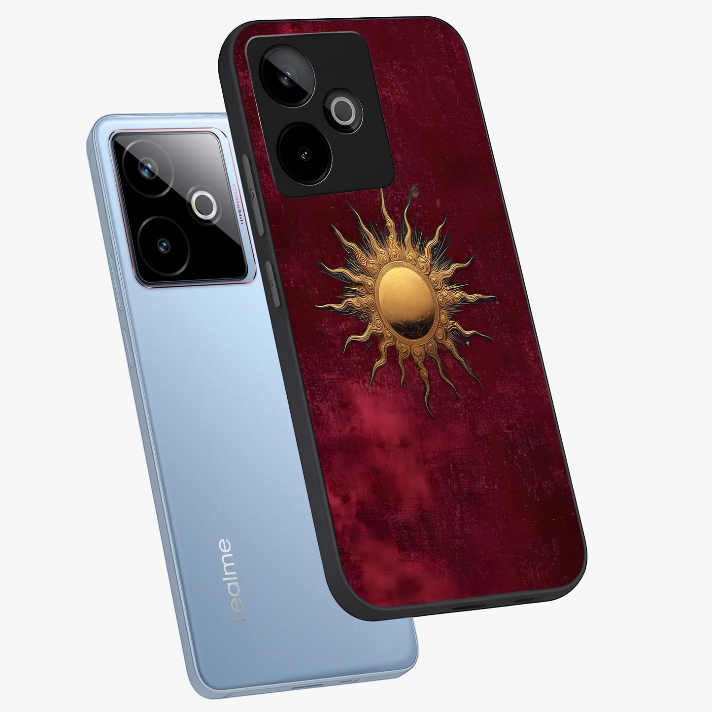 Golden Sun Minimalism Glass Case displayed in angled mockup highlighting clean sun symbol design with modern minimal aesthetic.