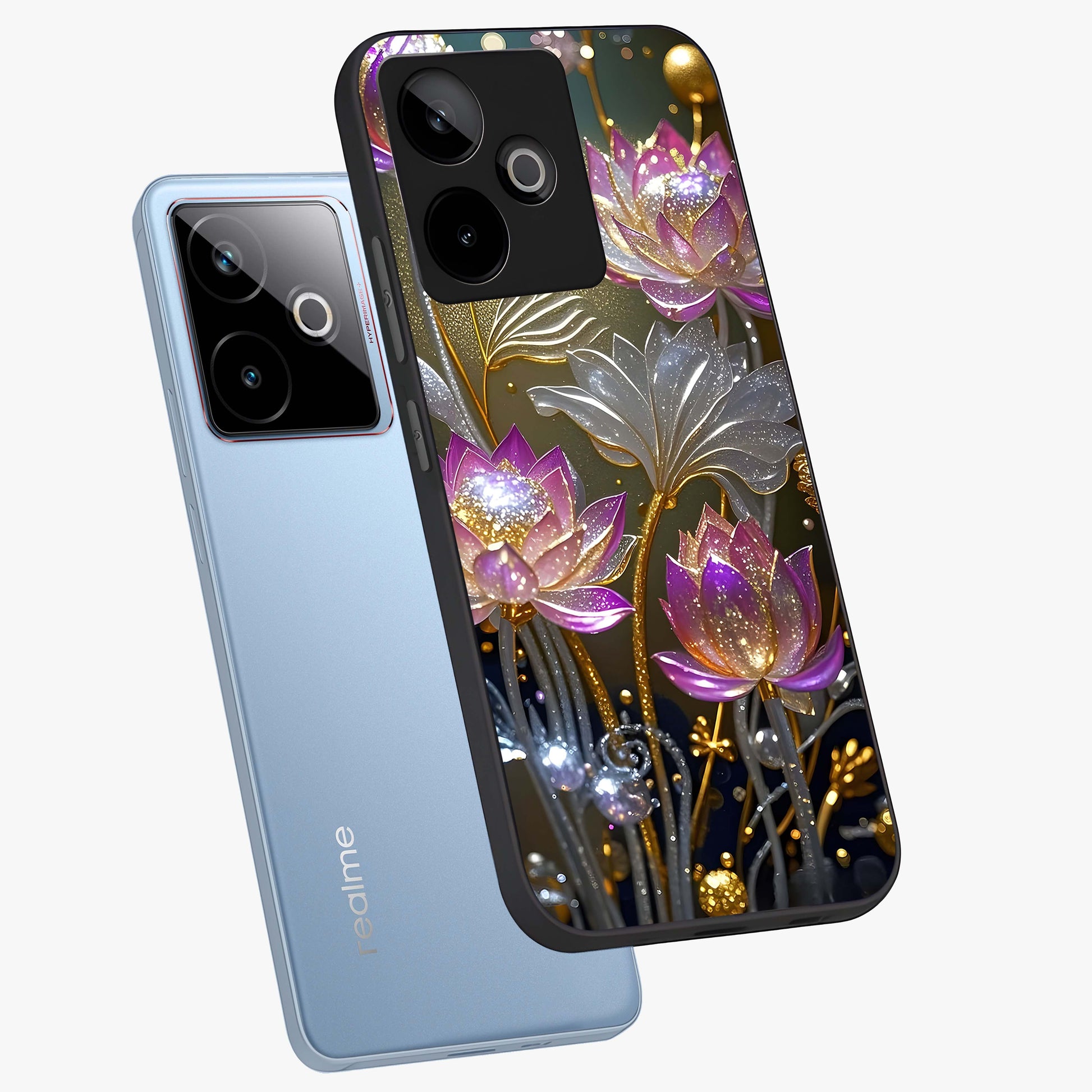 Golden Floral Majesty Glass Case displayed in angled mockup highlighting elegant flower design with royal golden aesthetic.