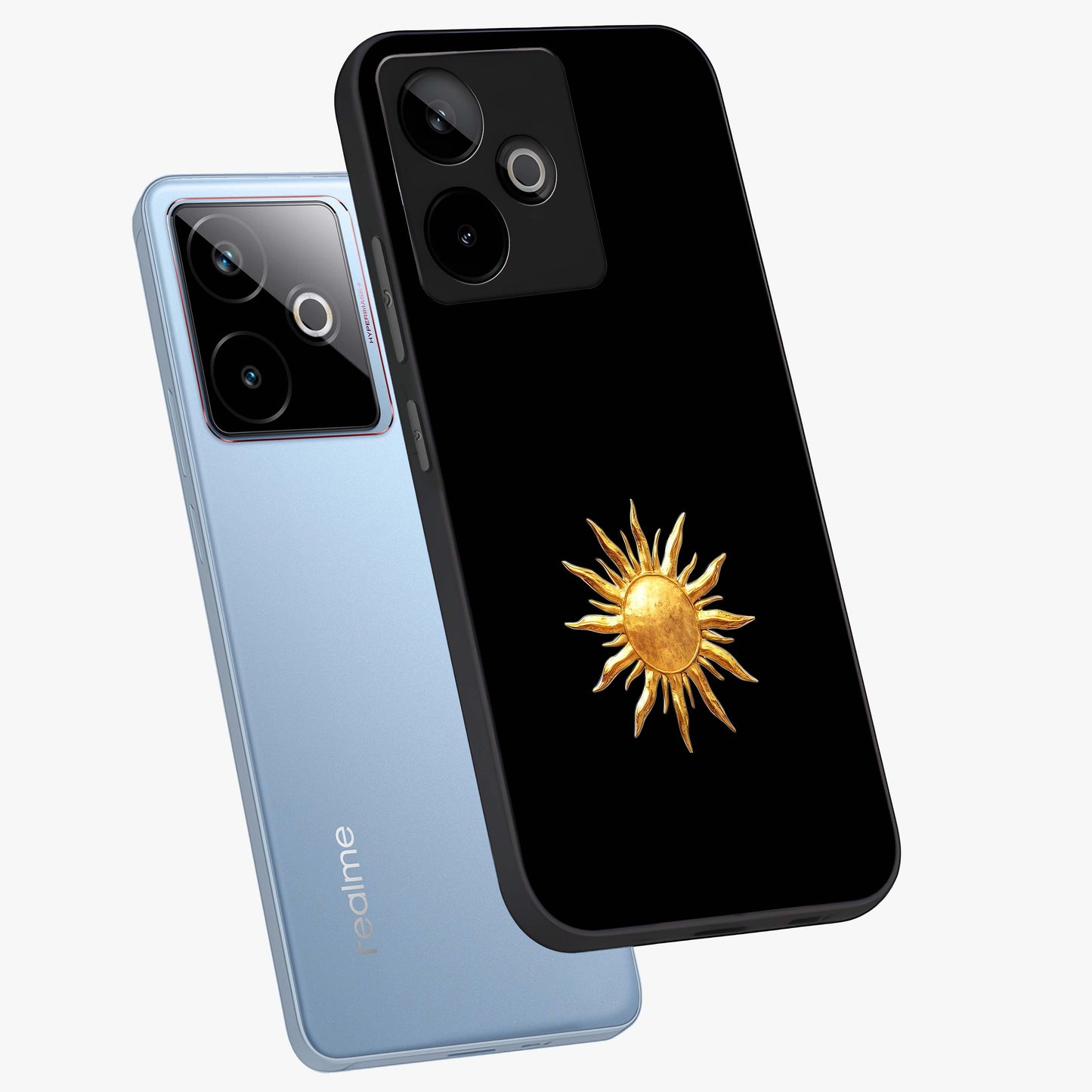 Golden Sun Minimalism Glass Case displayed in angled mockup highlighting eerie shadow illustration with gothic aesthetic.
