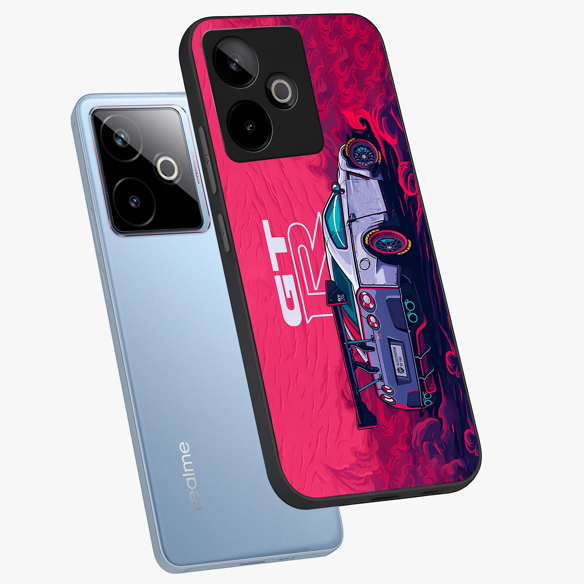 GT-R Car Pattern Glass Case displayed in angled mockup highlighting racing car graphic design with bold automotive aesthetic.