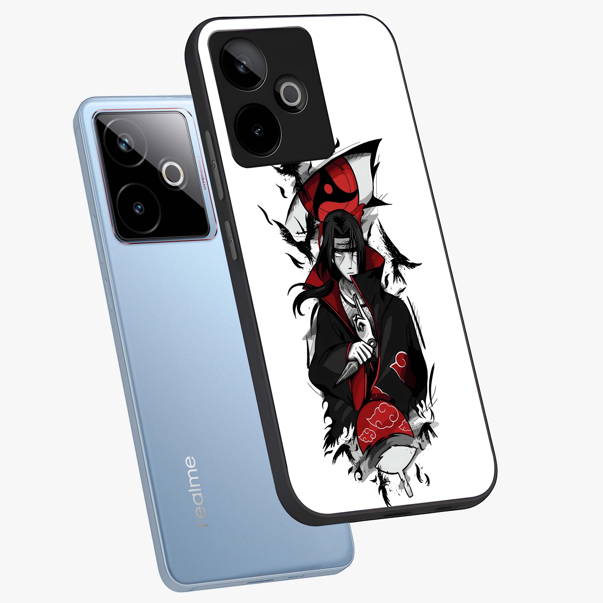 Itachi Limited Edition Naruto Anime Glass Case displayed in angled mockup highlighting dramatic anime illustration with bold action aesthetic.