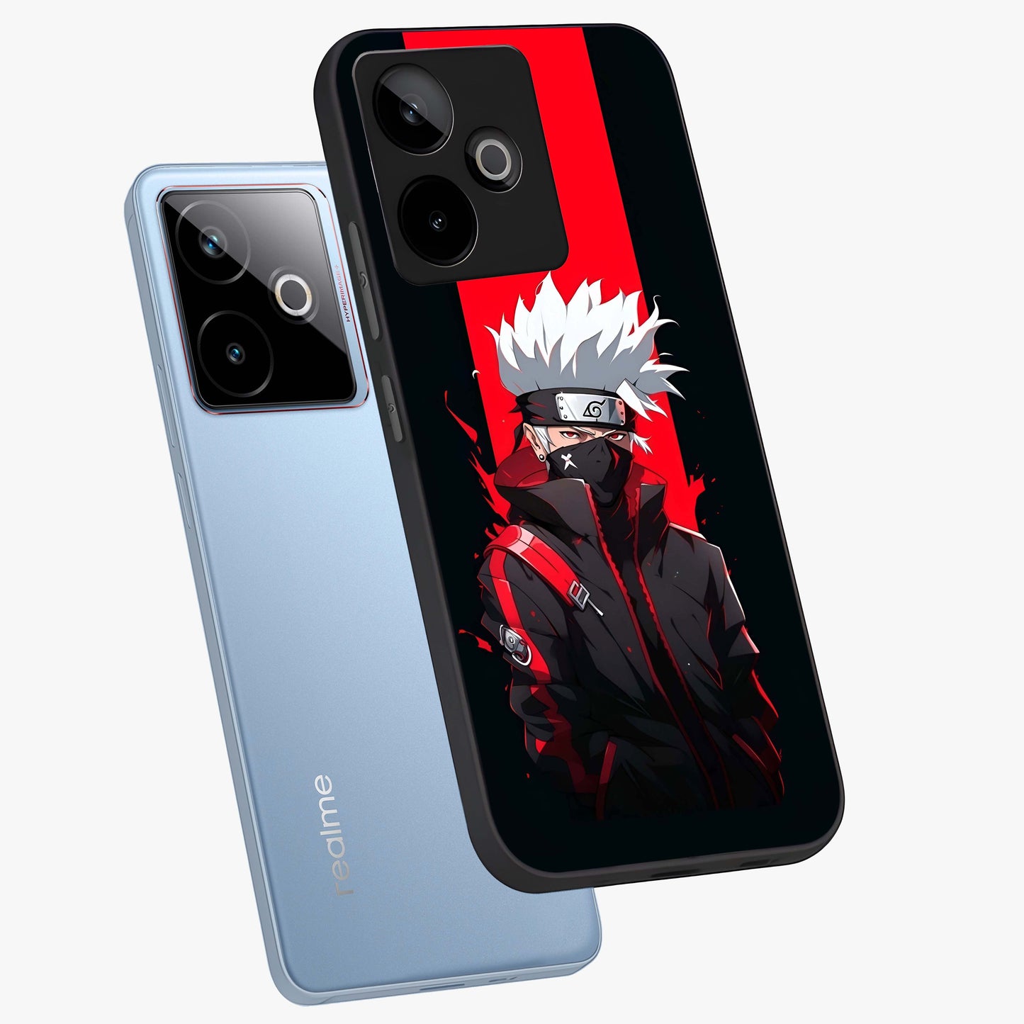 Kakashi Scarlet Shadow Glass Case displayed in angled mockup highlighting dramatic ninja illustration with scarlet themed aesthetic.