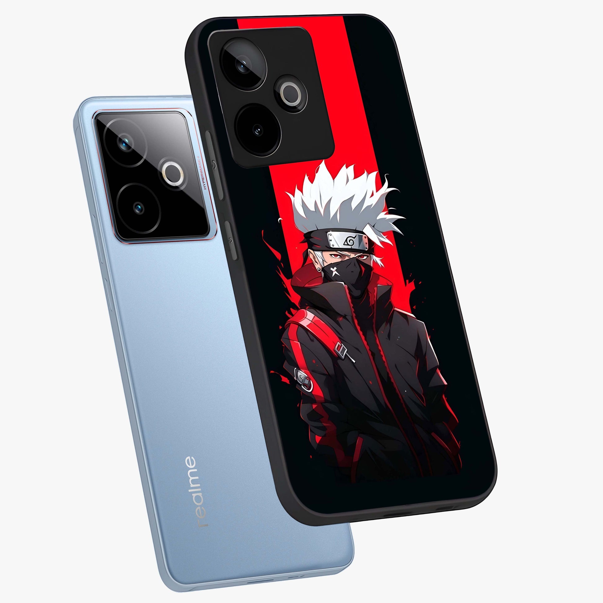 Kakashi Scarlet Shadow Glass Case displayed in angled mockup highlighting dramatic ninja illustration with scarlet themed aesthetic.
