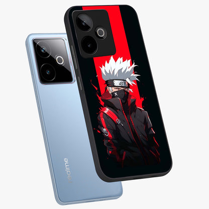 Kakashi Scarlet Shadow Glass Case displayed in angled mockup highlighting dramatic ninja illustration with scarlet themed aesthetic.