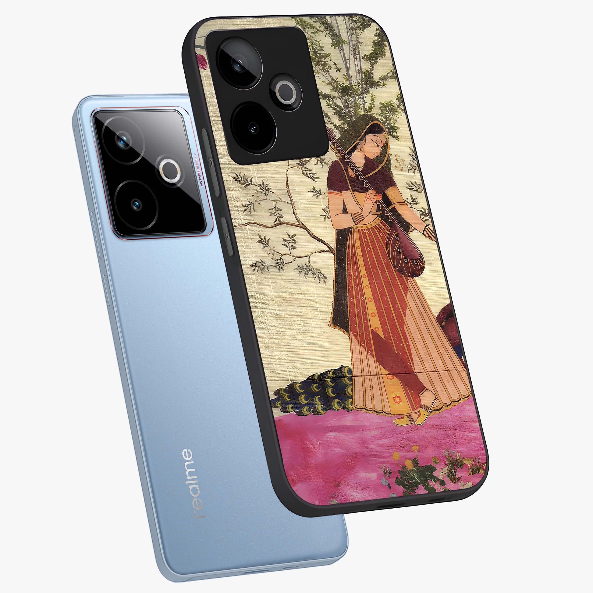 Lady With Veena Art Glass Case displayed in angled mockup highlighting graceful musical illustration with cultural artistic aesthetic.