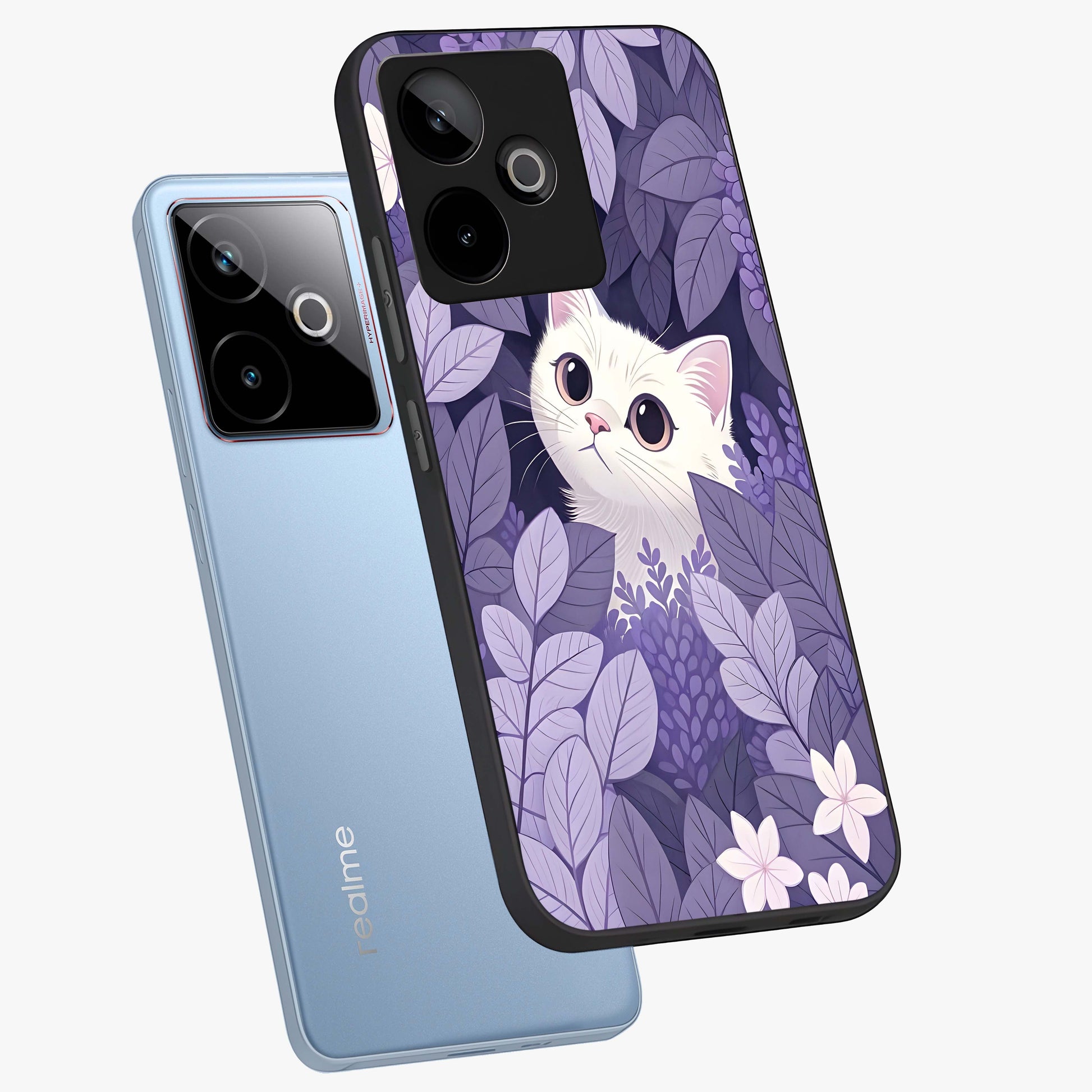 Lilac Hide Peek Cat Glass Case displayed in angled mockup highlighting playful feline illustration with lilac aesthetic design.