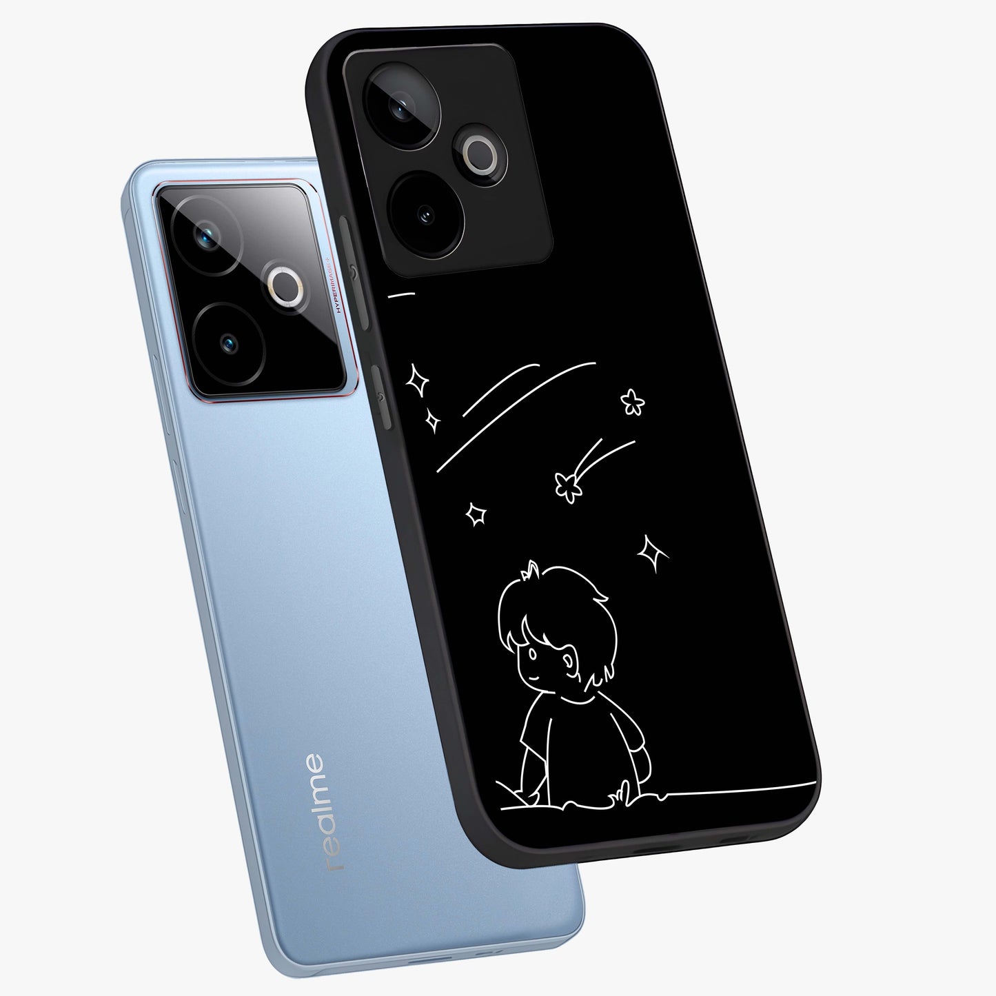 Line Art Boy With Shooting Stars Glass Case displayed in angled mockup highlighting elegant line art design with dreamy star aesthetic.