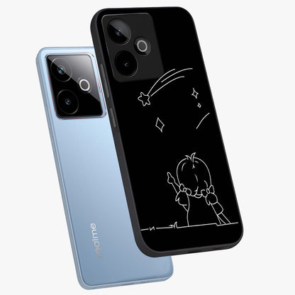 Line Art Girl With Shooting Stars Glass Case displayed in angled mockup highlighting elegant line art design with dreamy star aesthetic.