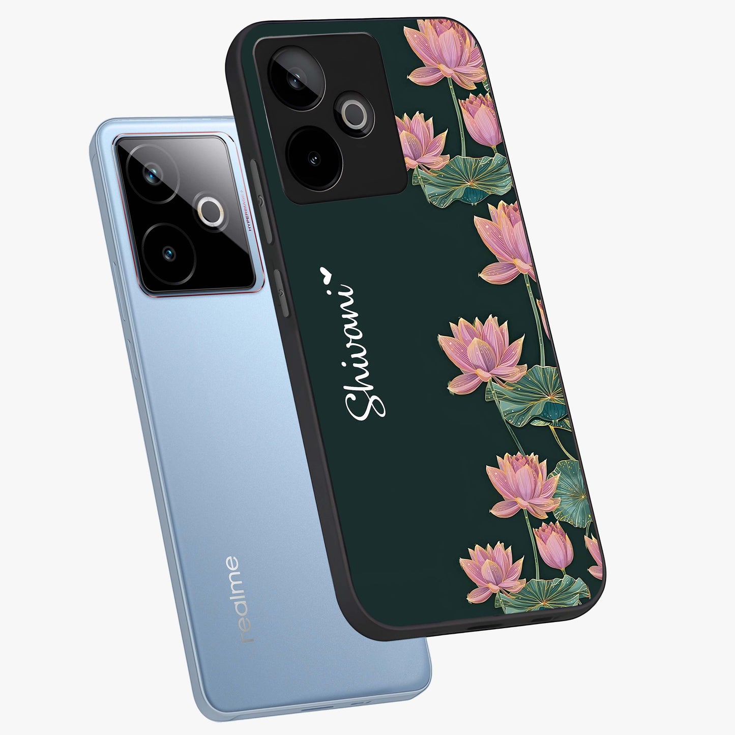 Lotus Bloom Serenity Custom Name Glass Case displayed in angled mockup highlighting graceful lotus illustration with custom name feature.