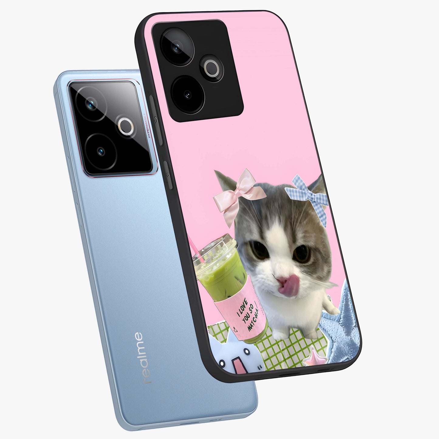 Love Matcha Cat Glass Case displayed in angled mockup highlighting playful feline illustration with cozy matcha aesthetic.