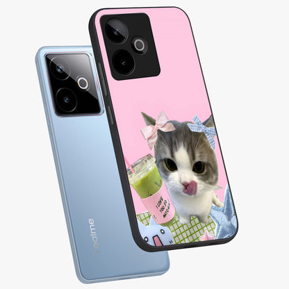 Love Matcha Cat Glass Case displayed in angled mockup highlighting playful feline illustration with cozy matcha aesthetic.