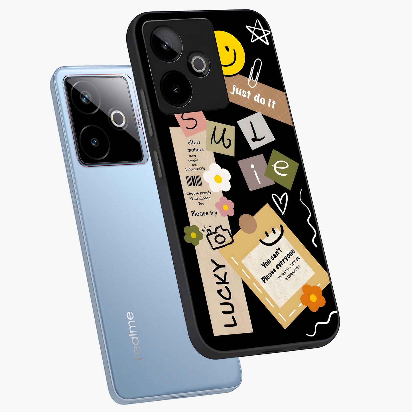 Lucky Aesthetic Collage Glass Case displayed in angled mockup highlighting stylish collage pattern with modern aesthetic vibe.