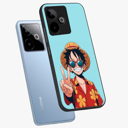 Luffy Summer Anime Vibe Glass Case displayed in angled mockup highlighting energetic anime illustration with summer vibe aesthetic.