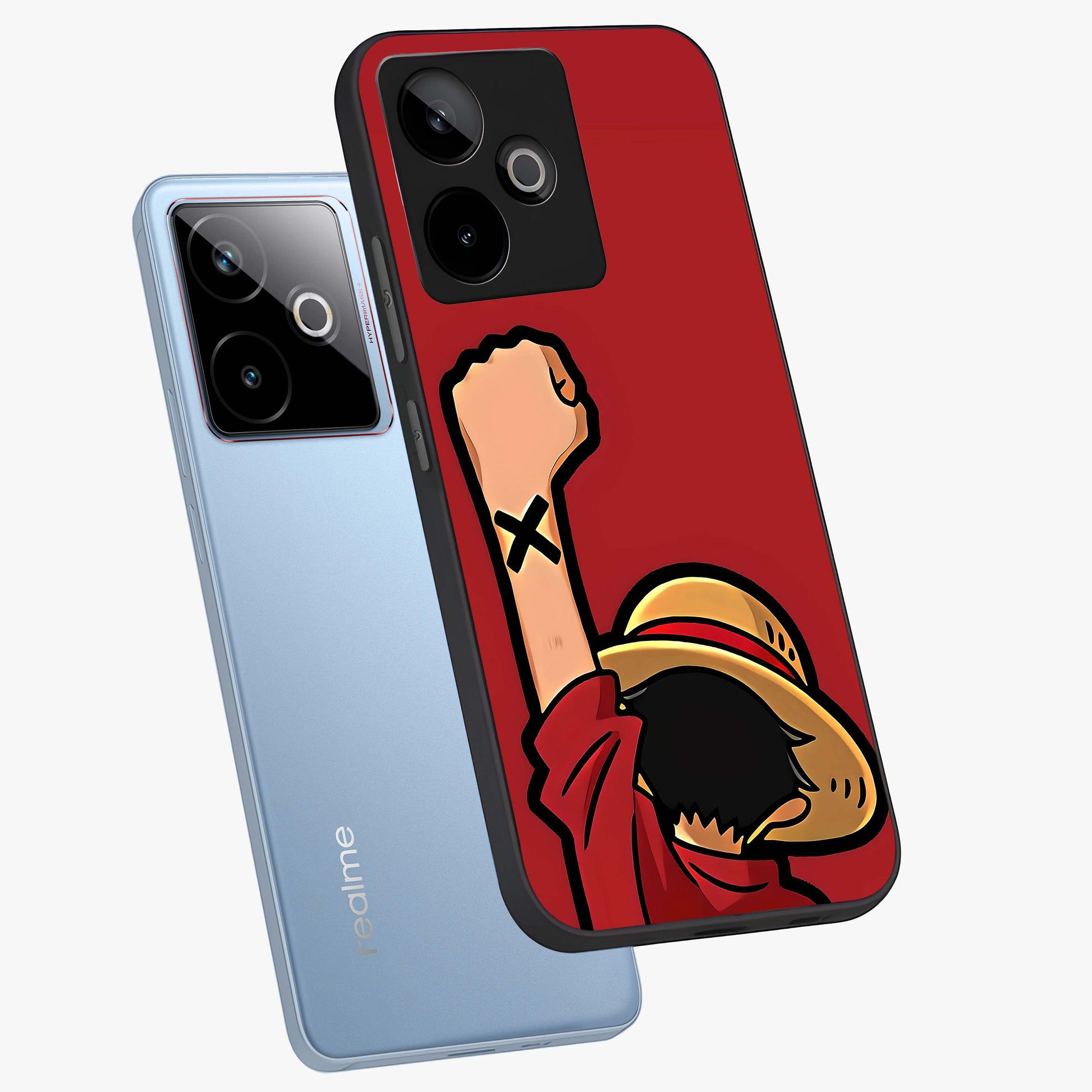 Luffy X Spirit Glass Case displayed in angled mockup highlighting powerful anime design with energetic action aesthetic.