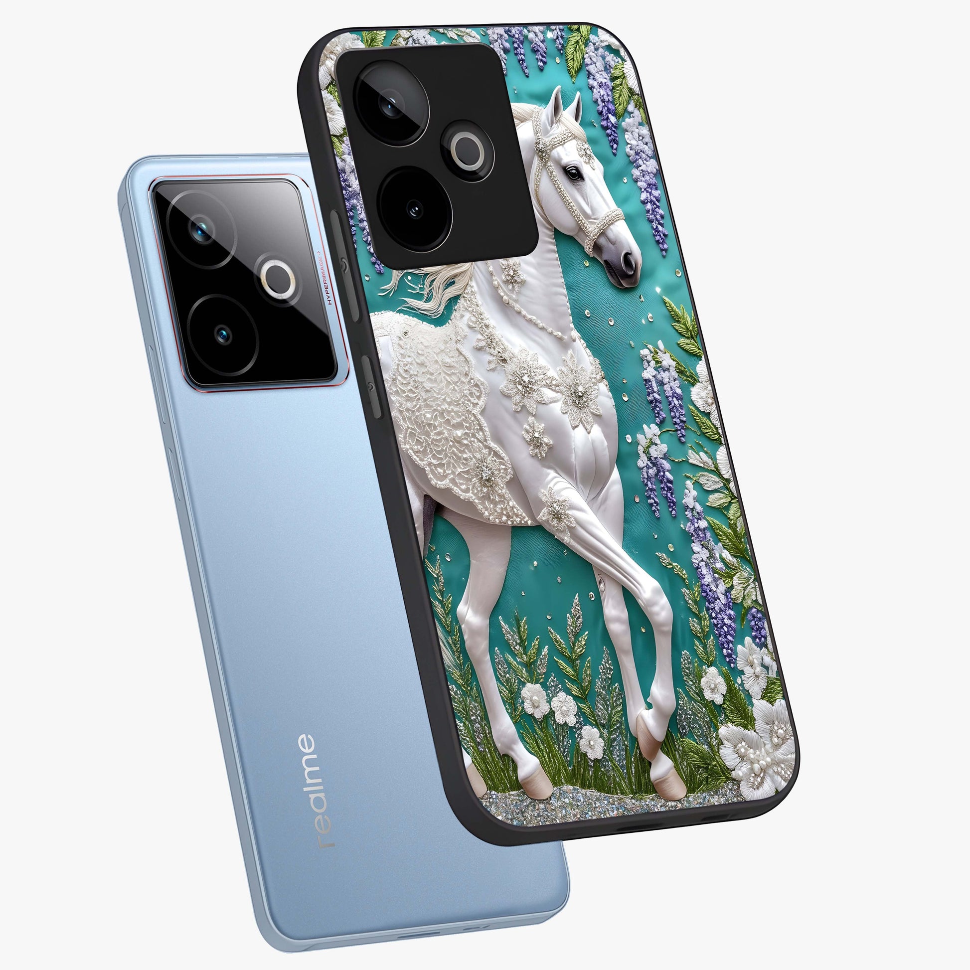 Majestic Floral Stallion Glass Case displayed in angled mockup highlighting majestic stallion illustration with elegant floral aesthetic.
