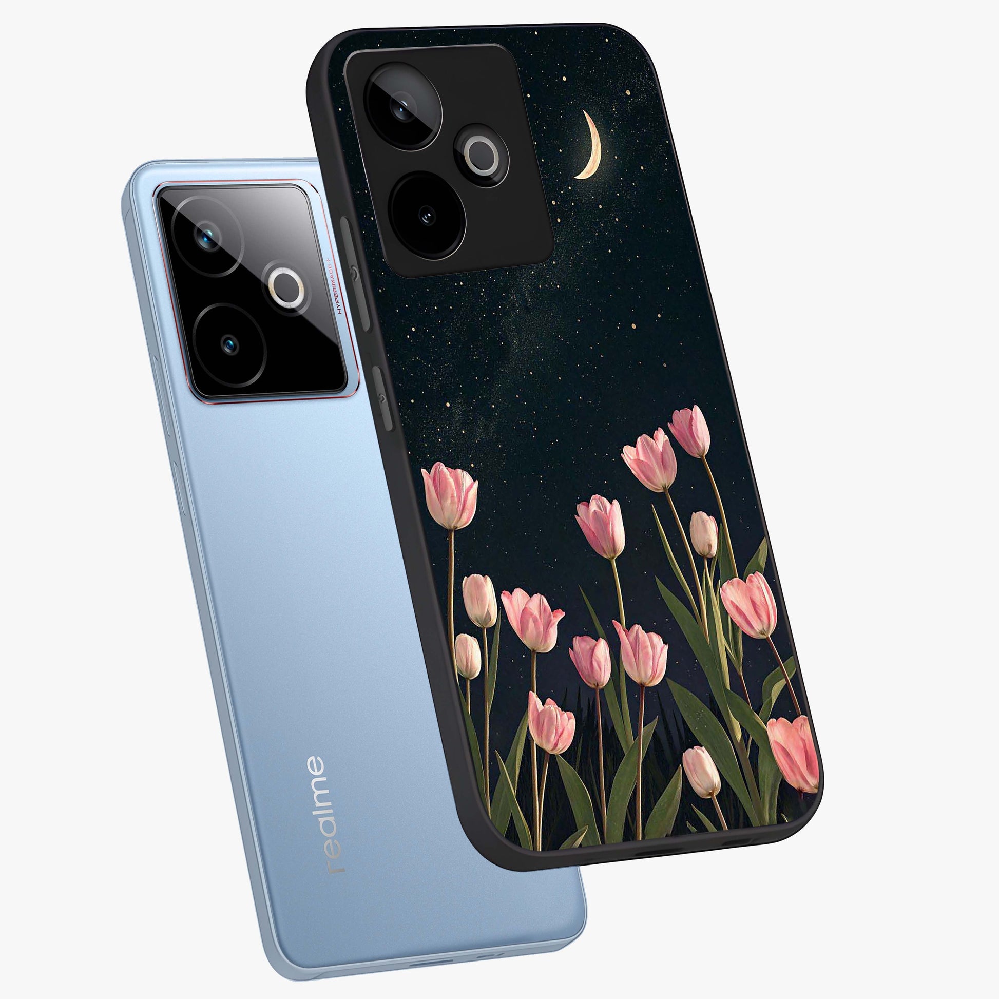 Midnight Tulip Whispers Vibe Glass Case displayed in angled mockup highlighting delicate tulip design with midnight floral aesthetic.