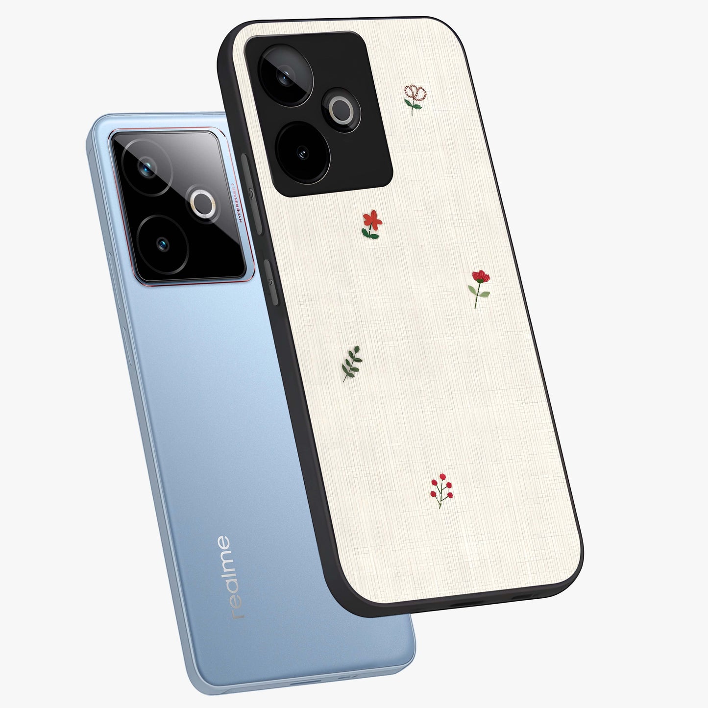Minimalistic Blue With White Flower Pattern Glass Case displayed in angled mockup highlighting simple floral design with minimal aesthetic.