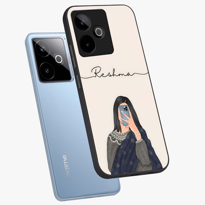 Mirror Mood Muse With Custom Name Glass Case displayed in angled mockup highlighting aesthetic mirror inspired design with custom name feature.