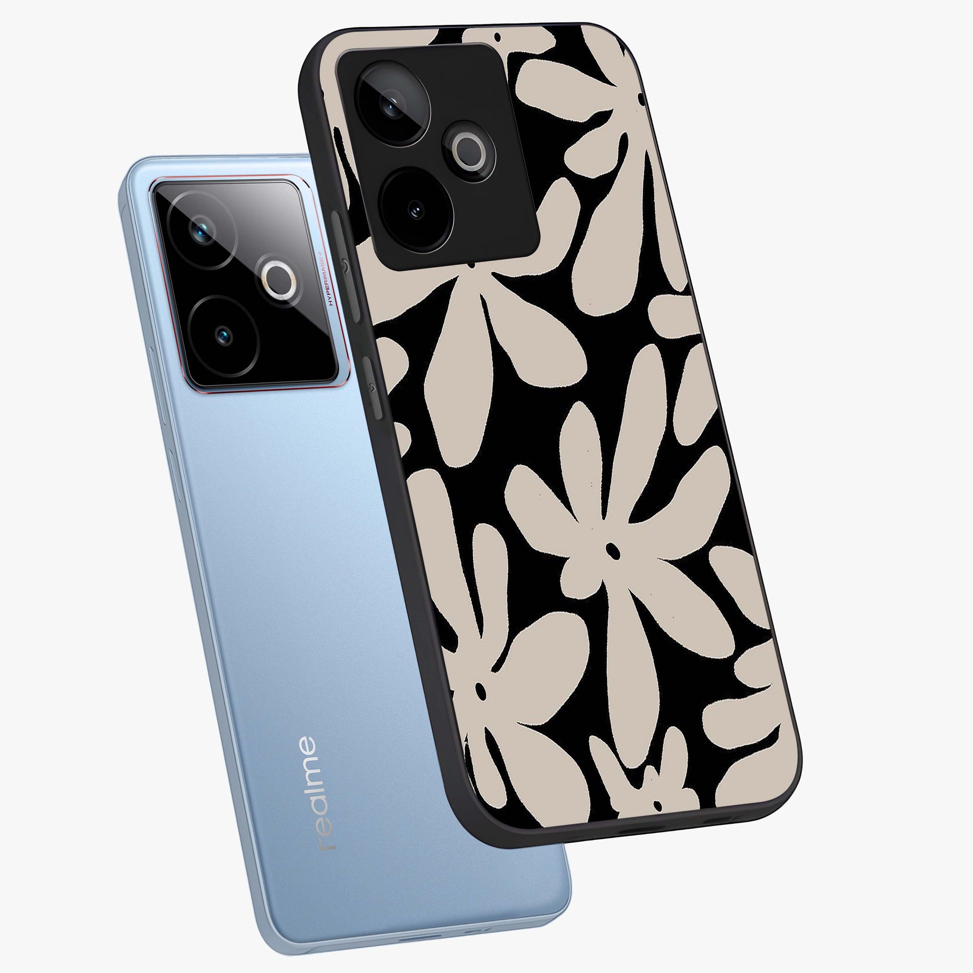 Monochrome Petal Dance Glass Case displayed in angled mockup highlighting elegant petal design with black and white aesthetic.