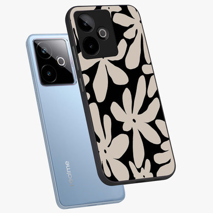 Monochrome Petal Dance Glass Case displayed in angled mockup highlighting elegant petal design with black and white aesthetic.