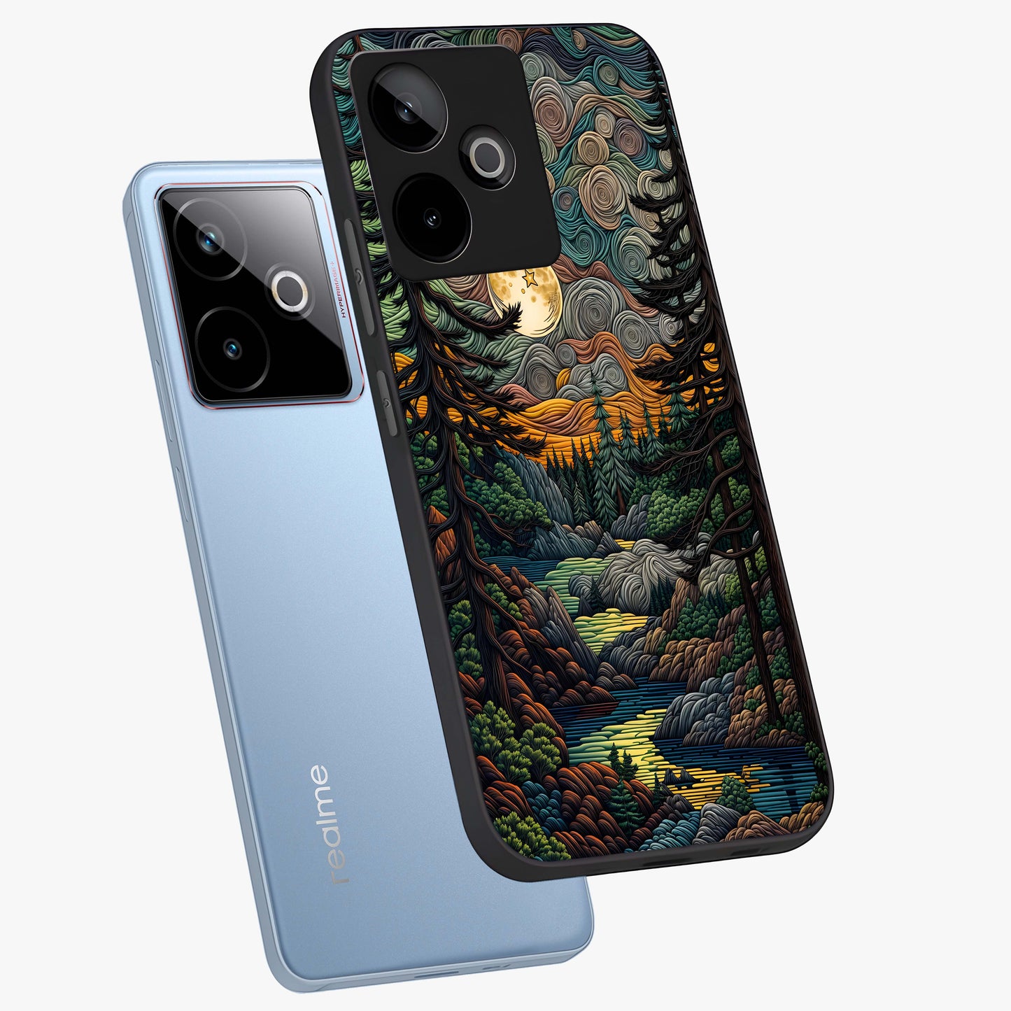 Moonlight Forest Dream Glass Case displayed in angled mockup highlighting dreamy forest design with glowing moon aesthetic.