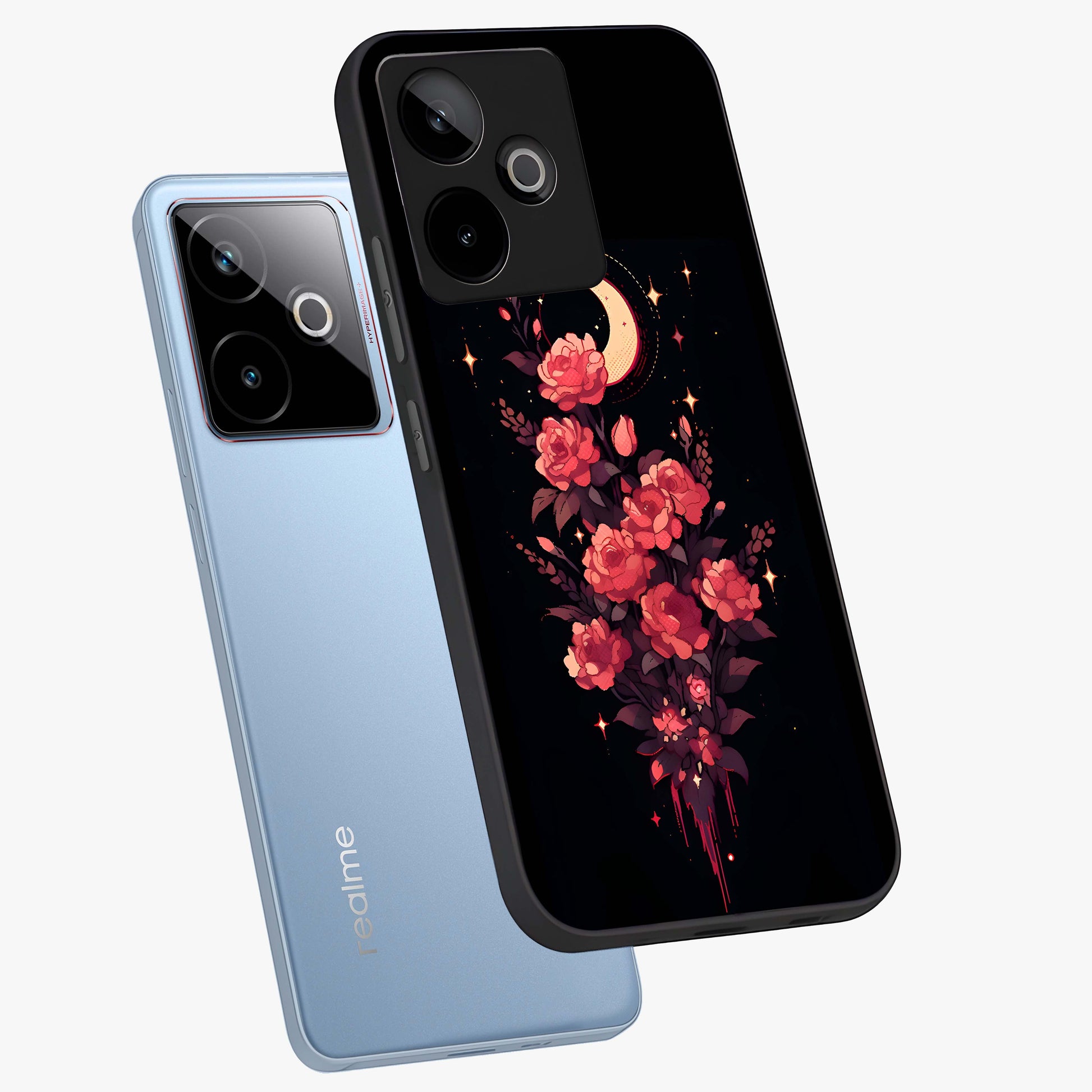 Moonlit Floral Elegance Glass Case displayed in angled mockup highlighting graceful flower design with soft moonlight aesthetic.