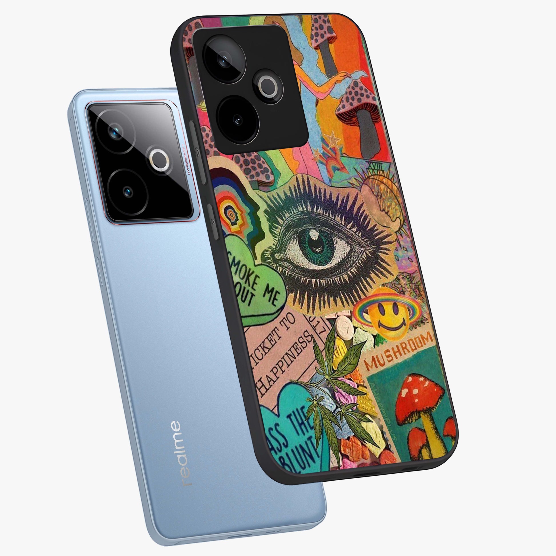 Mystic Eye Wonderland Glass Case displayed in angled mockup highlighting magical eye illustration with dreamy aesthetic.