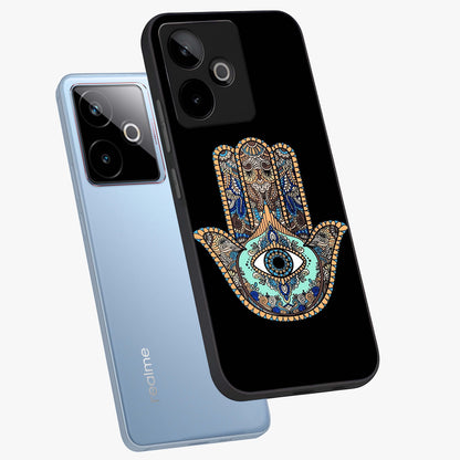Mystic Hamsa Eye Glass Case displayed in angled mockup highlighting spiritual hamsa symbol with mystical aesthetic style.
