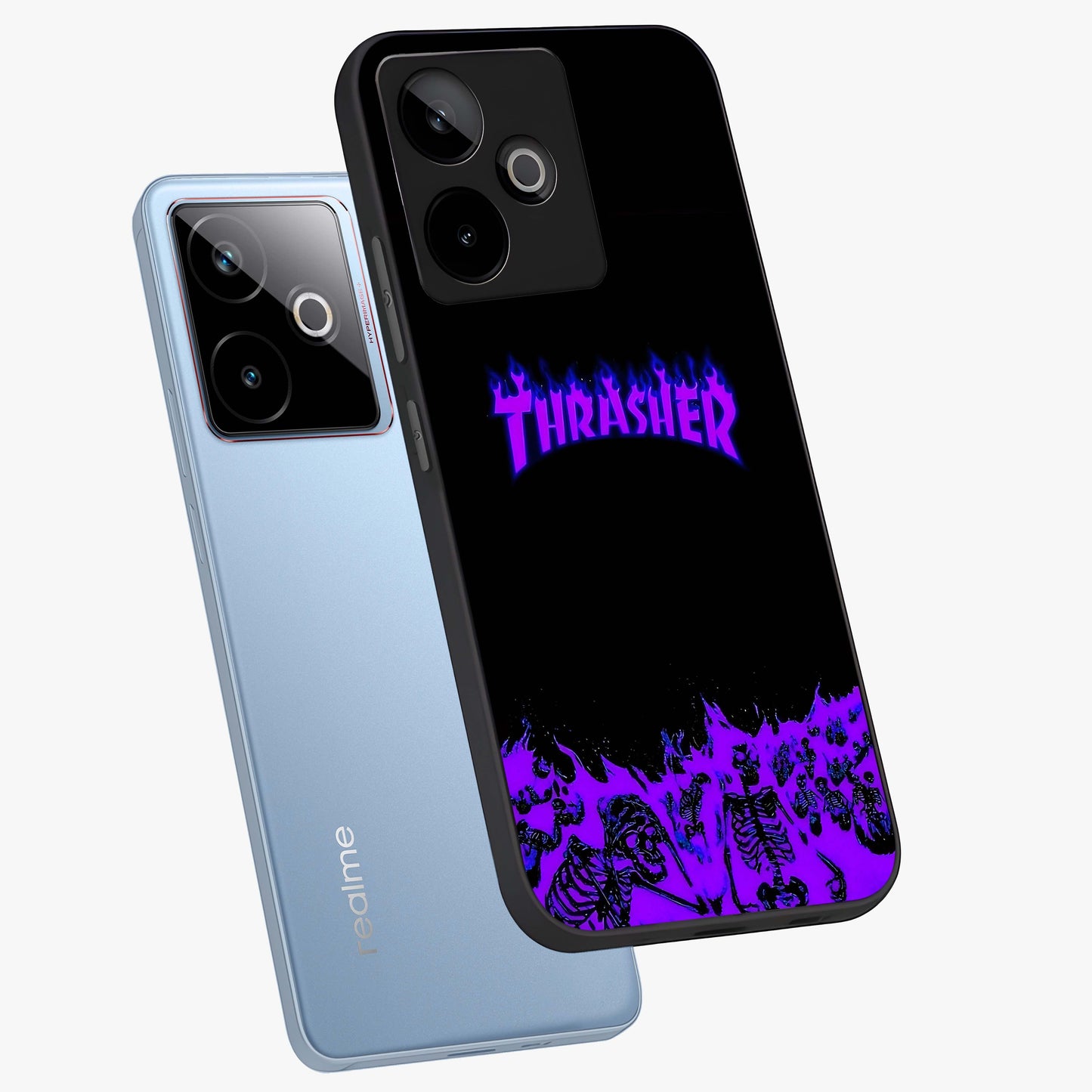 Neon Flame Riot Glass Case displayed in angled mockup highlighting glowing flame design with vibrant neon aesthetic.