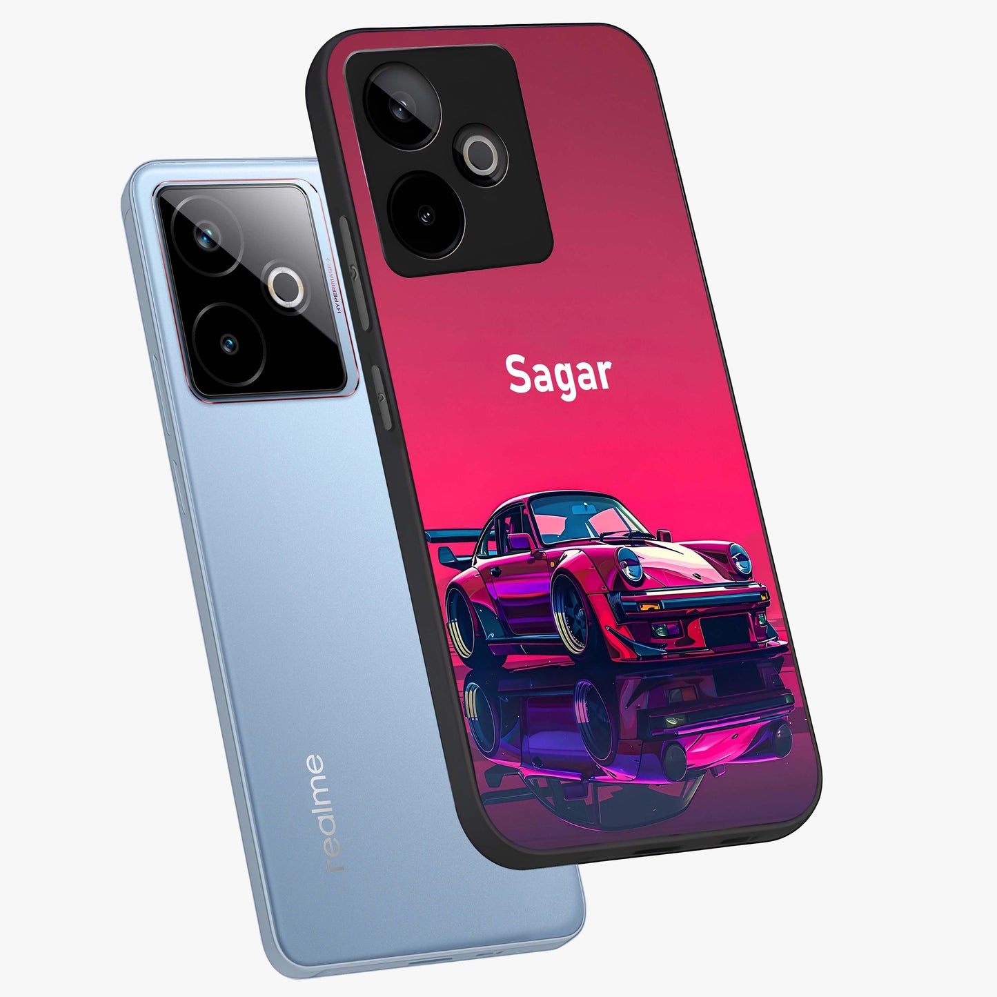 Neon Pink Porsche Glass Case displayed in angled mockup highlighting sleek neon pink car design with racing aesthetic.