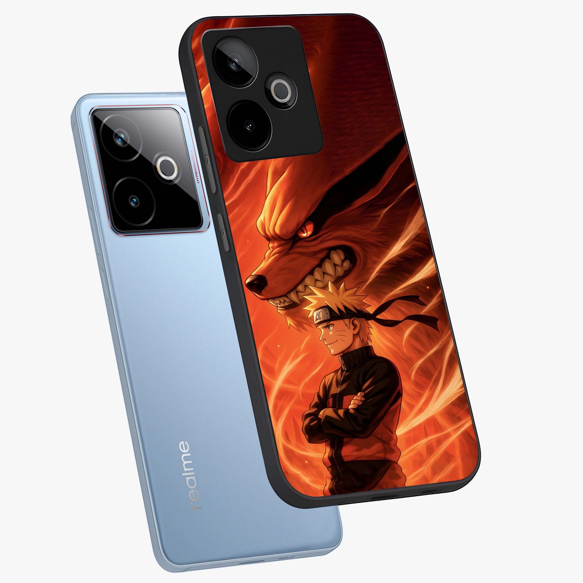 Nine Tails Legacy Glass Case displayed in angled mockup highlighting dynamic anime beast illustration with bold mystical aesthetic.