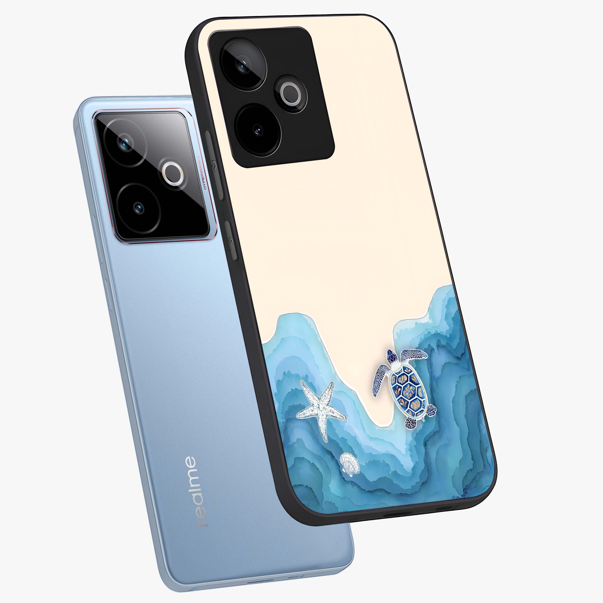 Ocean Drift Turtle Glass Case displayed in angled mockup highlighting peaceful ocean turtle illustration with marine aesthetic.