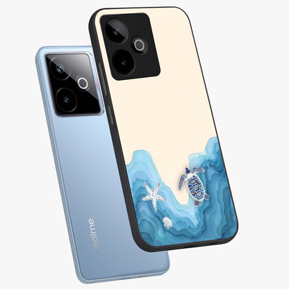 Ocean Drift Turtle Glass Case displayed in angled mockup highlighting peaceful ocean turtle illustration with marine aesthetic.
