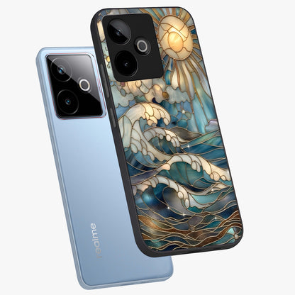 Oceanic Stained Printed Glass Case displayed in angled mockup highlighting colorful aquatic design with artistic aesthetic style.