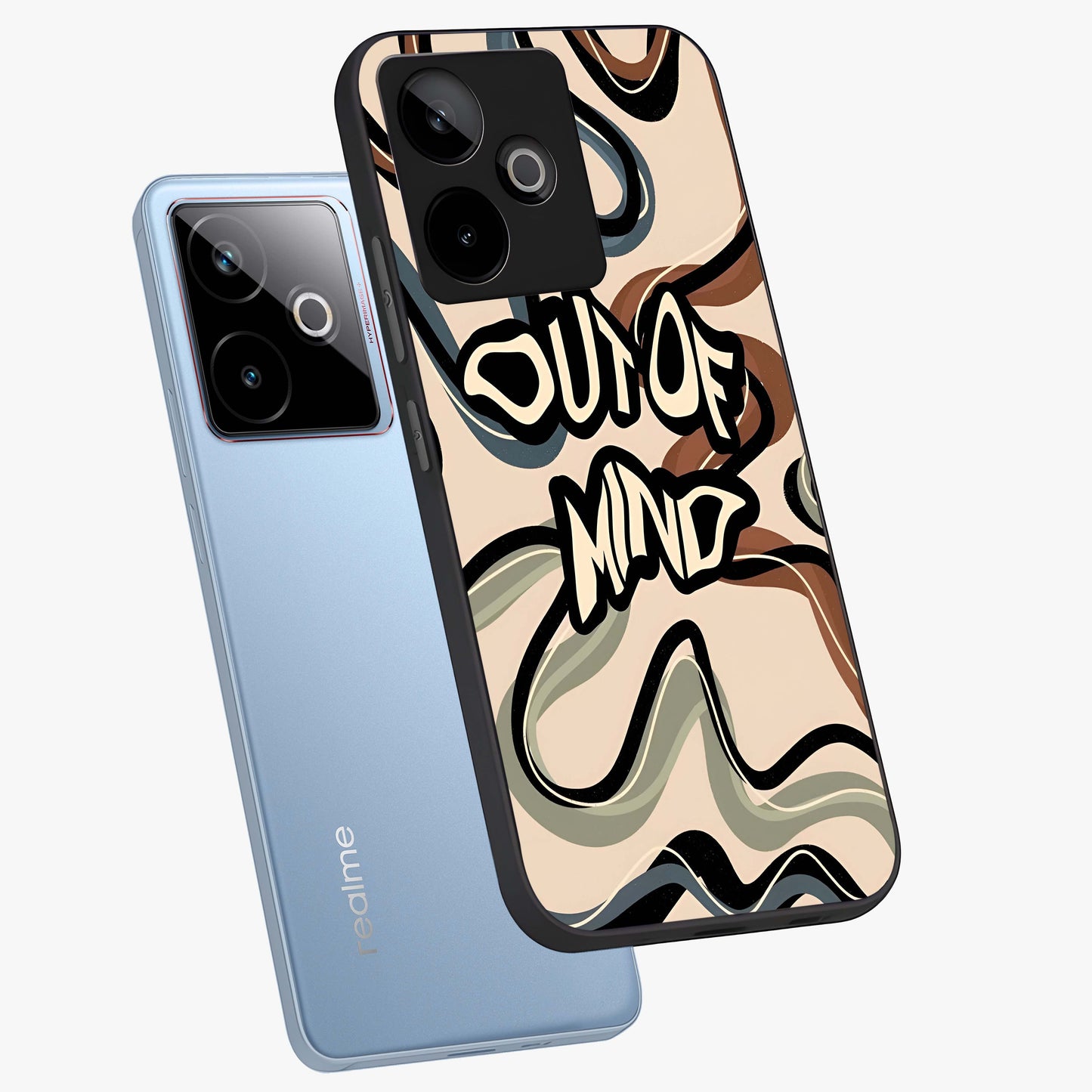 Out Of Mind Glass Case displayed in angled mockup highlighting bold statement design with modern artistic aesthetic.