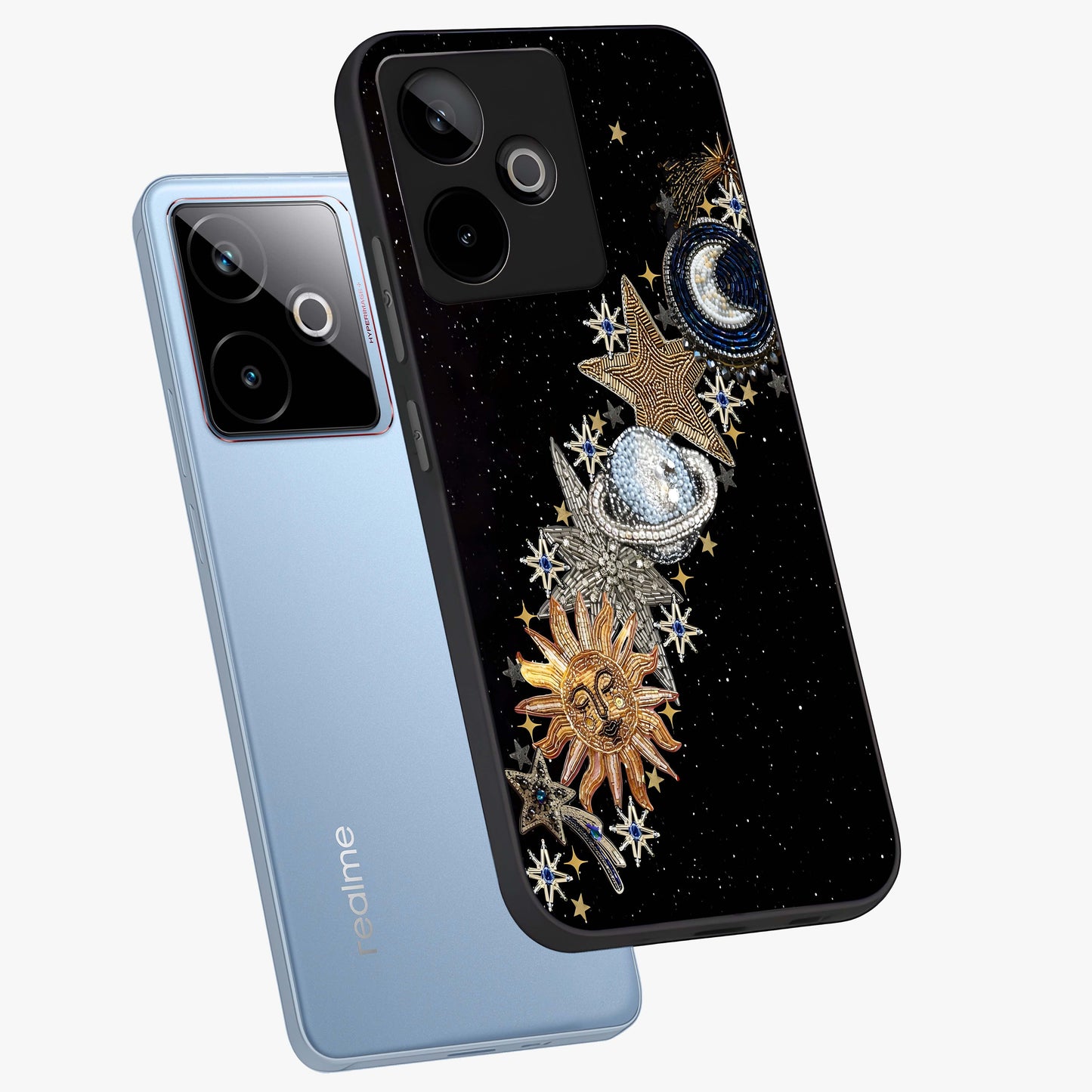 Pearls Universe Object Glass Case displayed in angled mockup highlighting celestial pearl design with dreamy aesthetic.