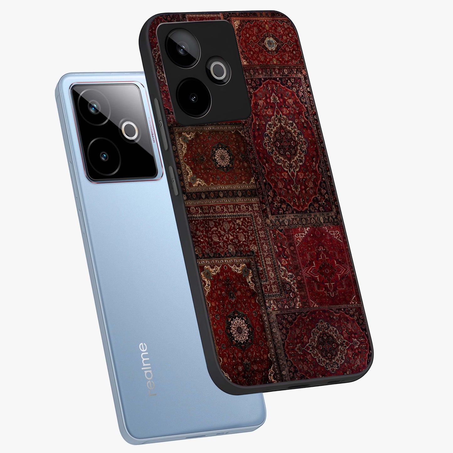 Persian Velvet Tale Glass Case displayed in angled mockup highlighting ornate textile inspired design with royal aesthetic.