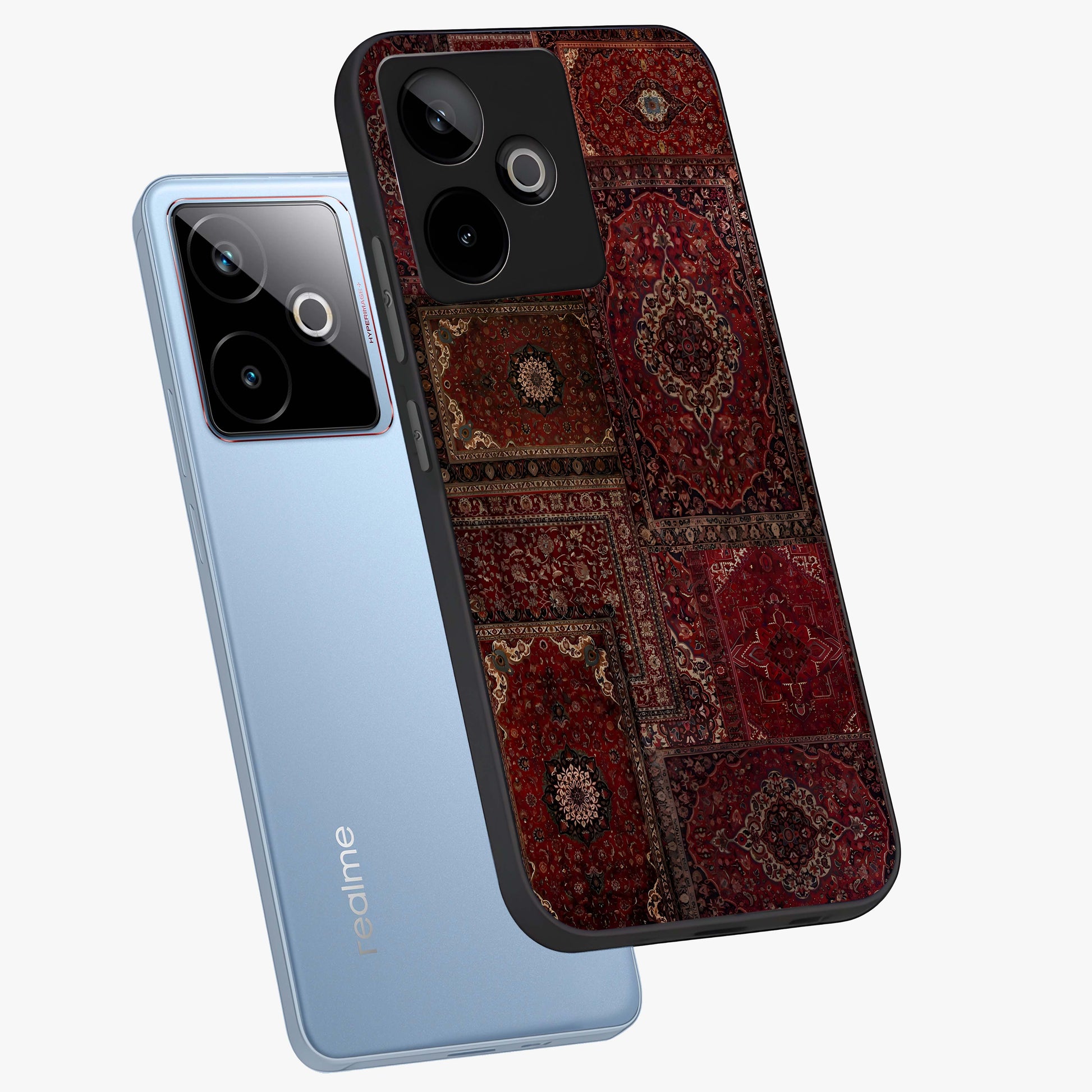 Persian Velvet Tale Glass Case displayed in angled mockup highlighting ornate textile inspired design with royal aesthetic.