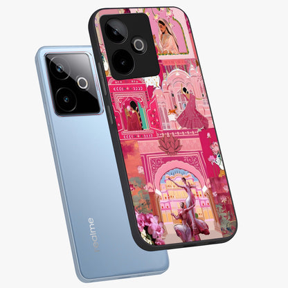 Pink Palace Muse Glass Case displayed in angled mockup highlighting dreamy palace illustration with soft pink aesthetic.