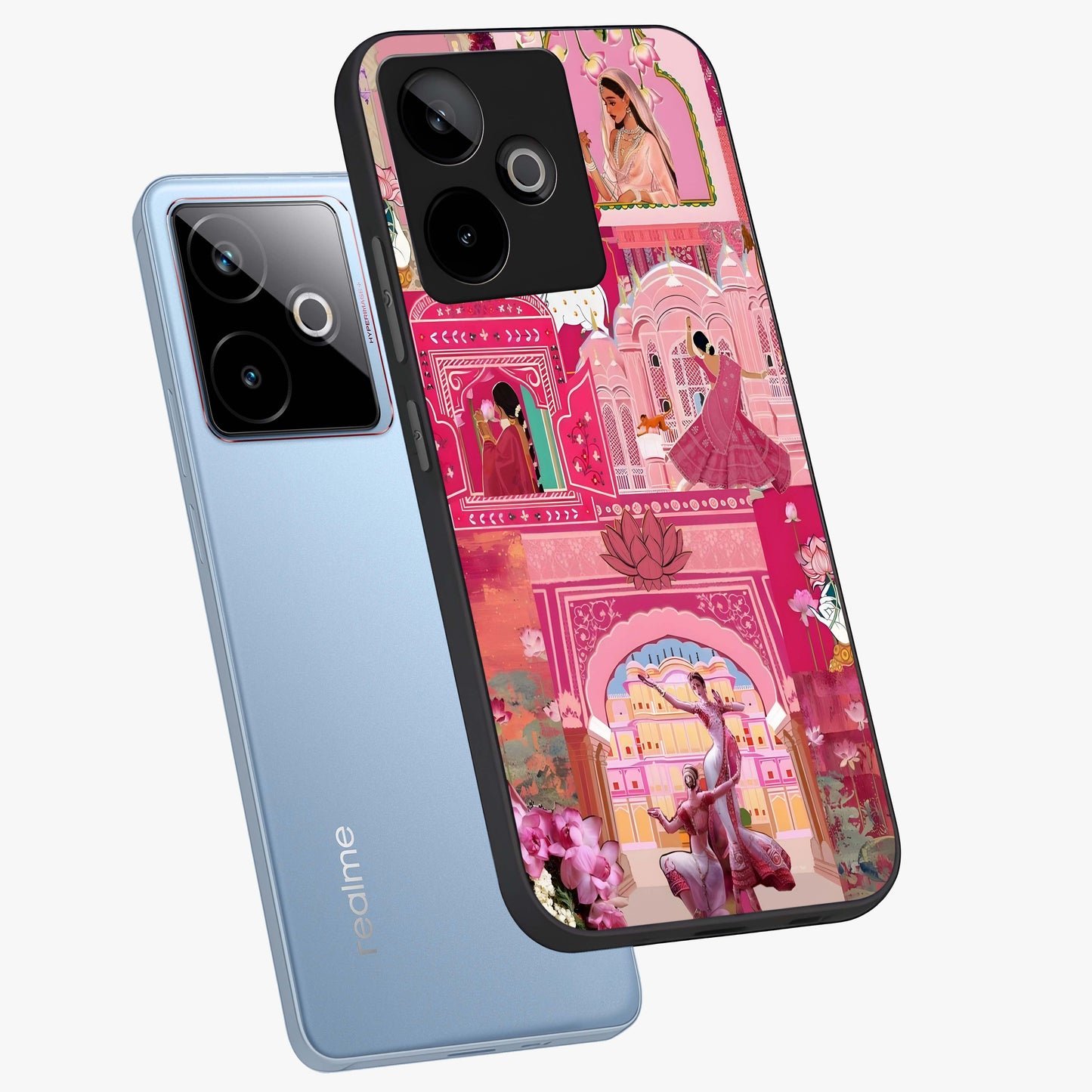 Pink Palace Muse Glass Case displayed in angled mockup highlighting dreamy palace illustration with soft pink aesthetic.