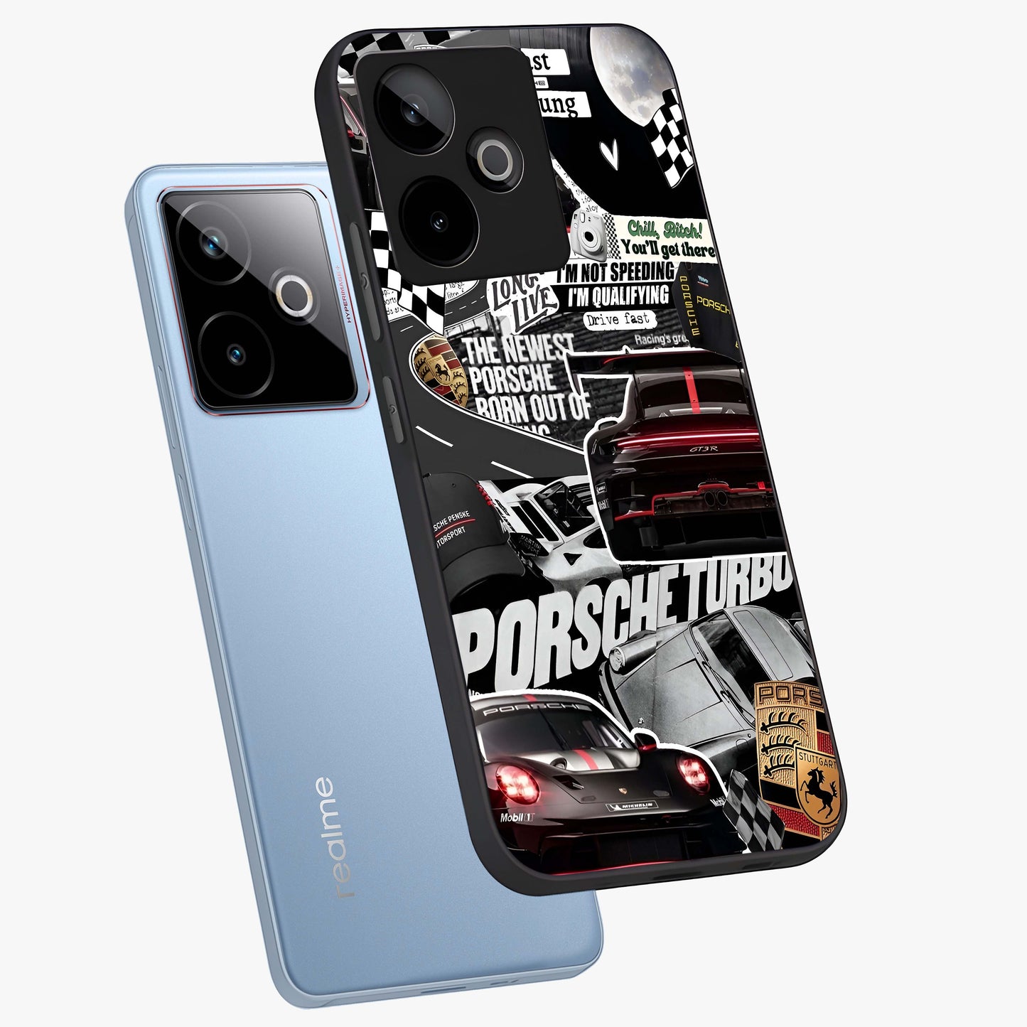 Porsche Racing Collage Glass Case displayed in angled mockup highlighting dynamic automotive design with bold racing aesthetic.