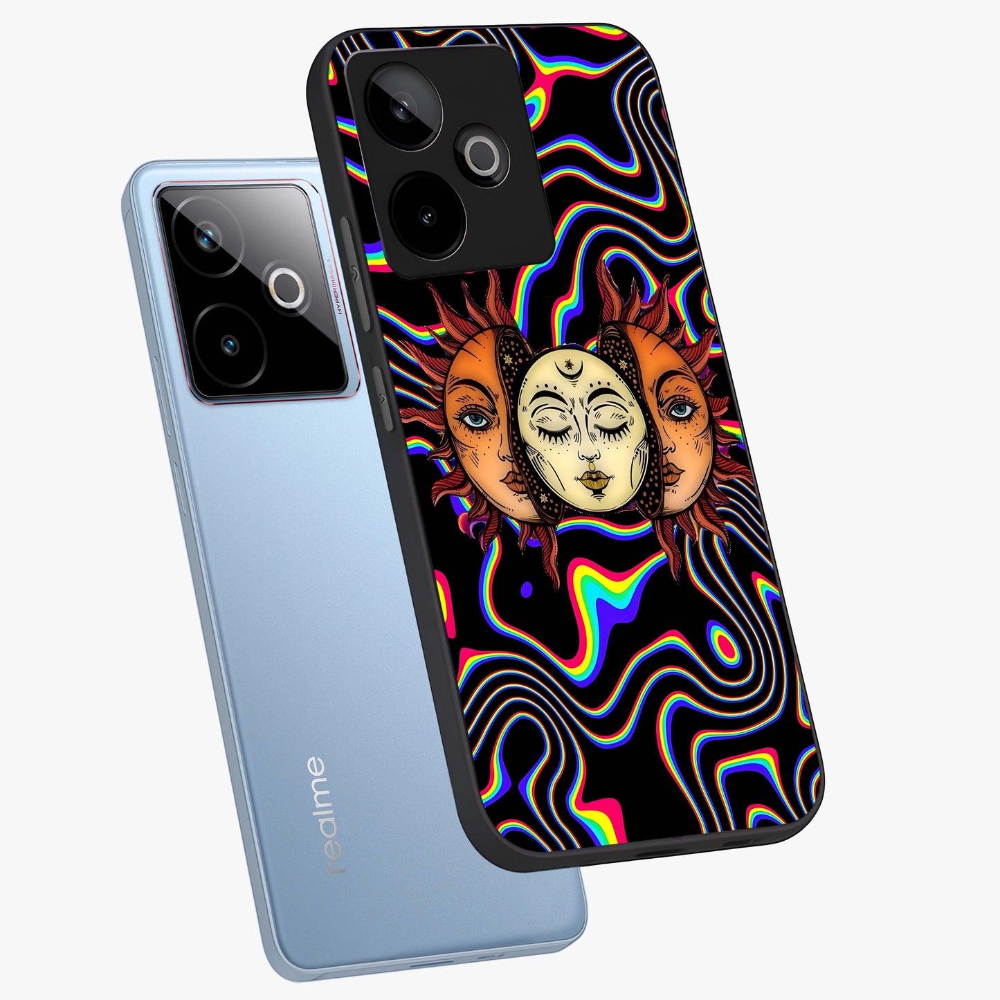 Psychedelic Sun Glass Case displayed in angled mockup highlighting vibrant abstract sun design with artistic aesthetic style.