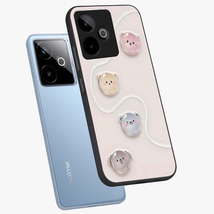 Puffy Face Parade Glass Case displayed in angled mockup highlighting playful cartoon face design with fun aesthetic.