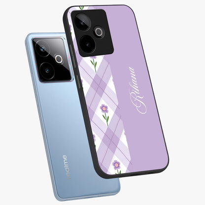 Purple Diamond Floral Glass Case displayed in angled mockup highlighting elegant purple flower design with decorative pattern.