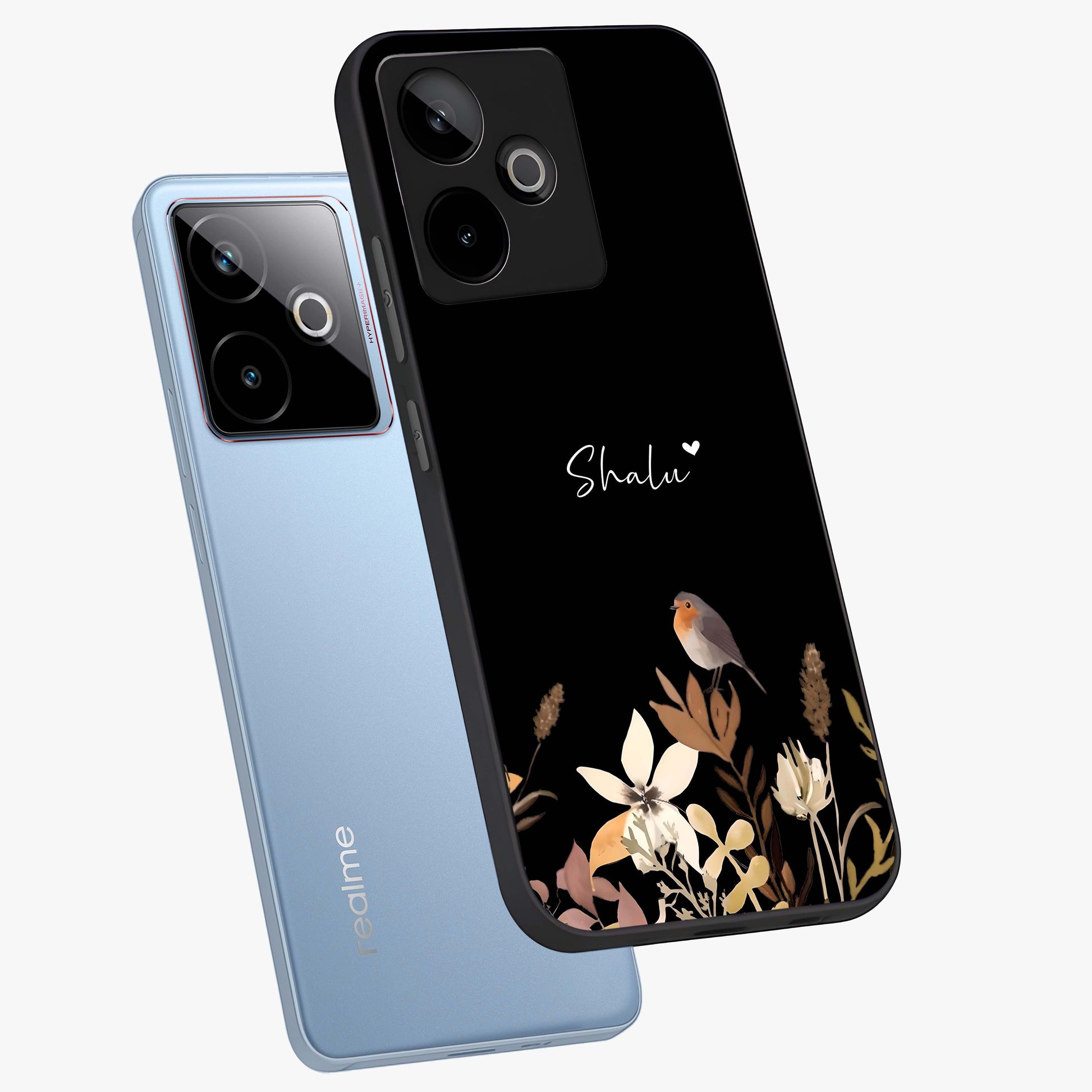 Quiet Garden Tune Custom Name Glass Case displayed in angled mockup highlighting delicate floral garden design with custom name feature.