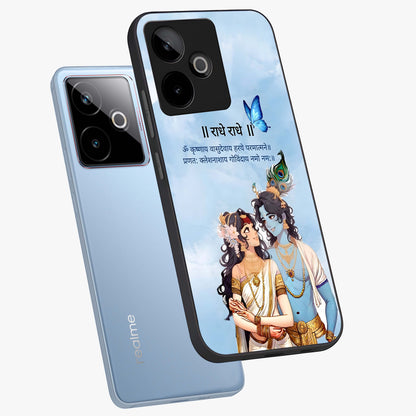 Radha Krishna Eternal Glass Case displayed in angled mockup highlighting divine Radha Krishna illustration with spiritual aesthetic.