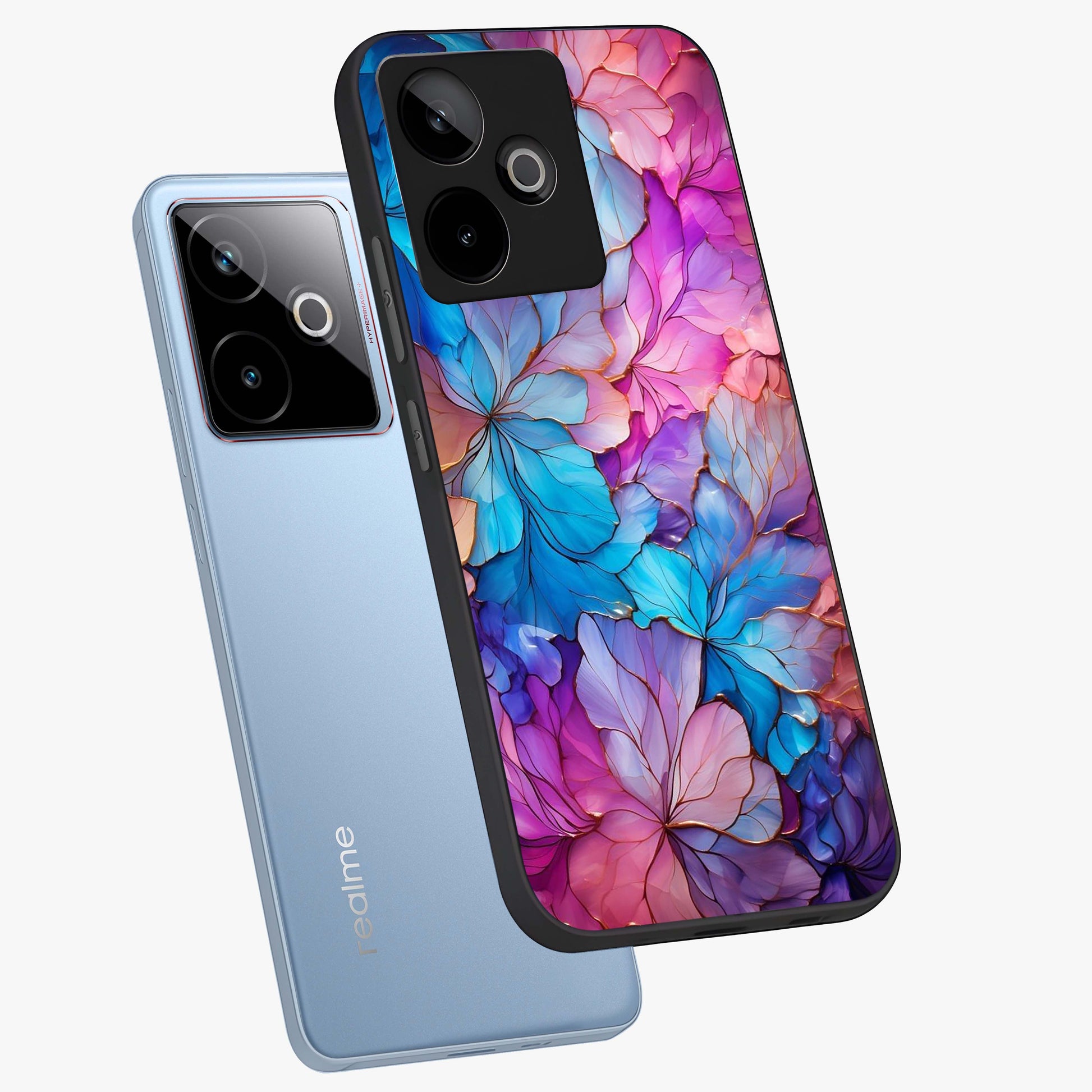 Radiant Floral Whirl Glass Case displayed in angled mockup highlighting vibrant flower pattern with dynamic artistic aesthetic.