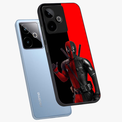 Red & Black Deadpool Theme Glass Case displayed in angled mockup highlighting vibrant superhero style illustration with action aesthetic.