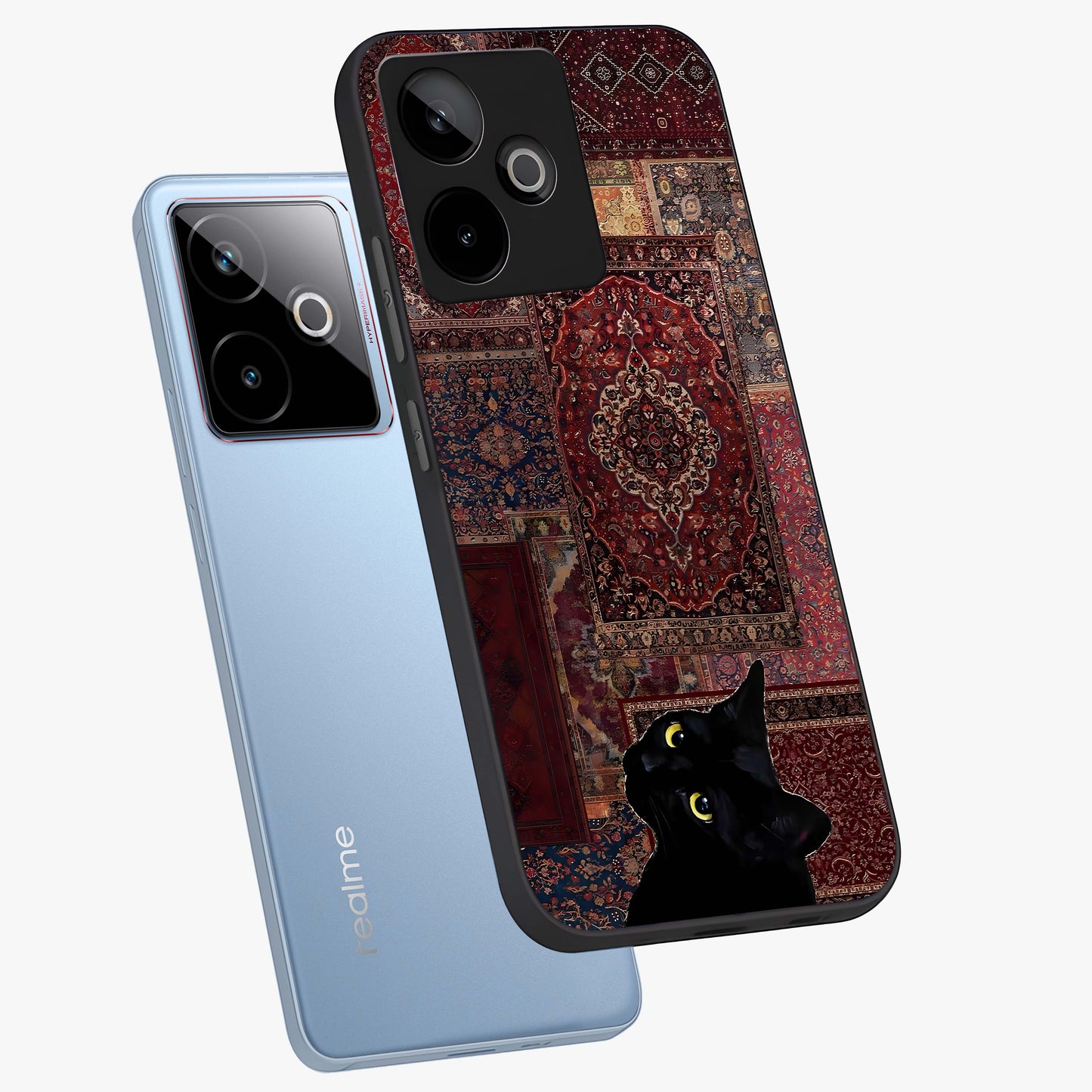 Regal Magic Cat Apple Glass Case displayed in angled mockup highlighting whimsical feline design with fantasy aesthetic.