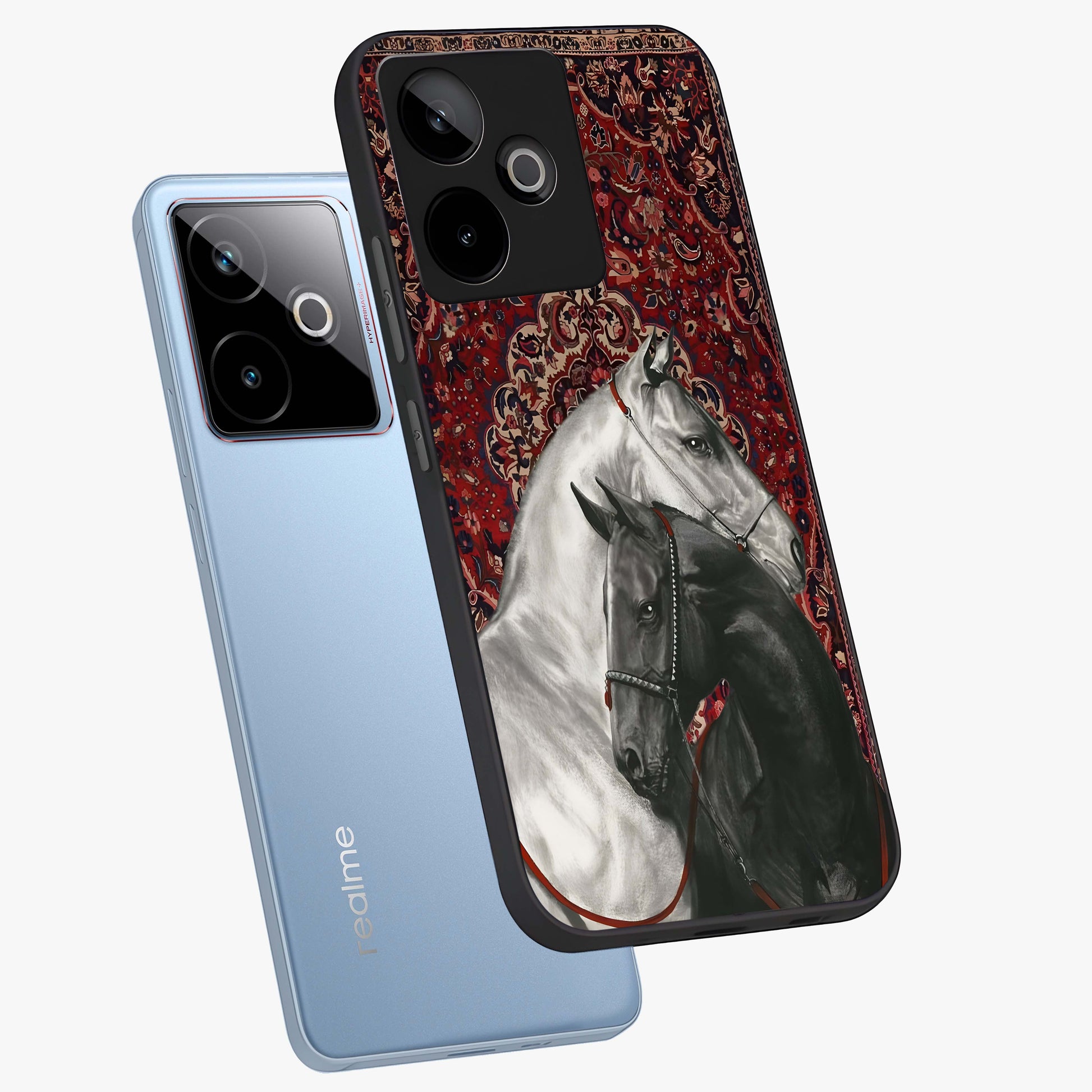 Regal Stallion Tapestry Glass Case displayed in angled mockup highlighting royal stallion design with decorative heritage aesthetic.